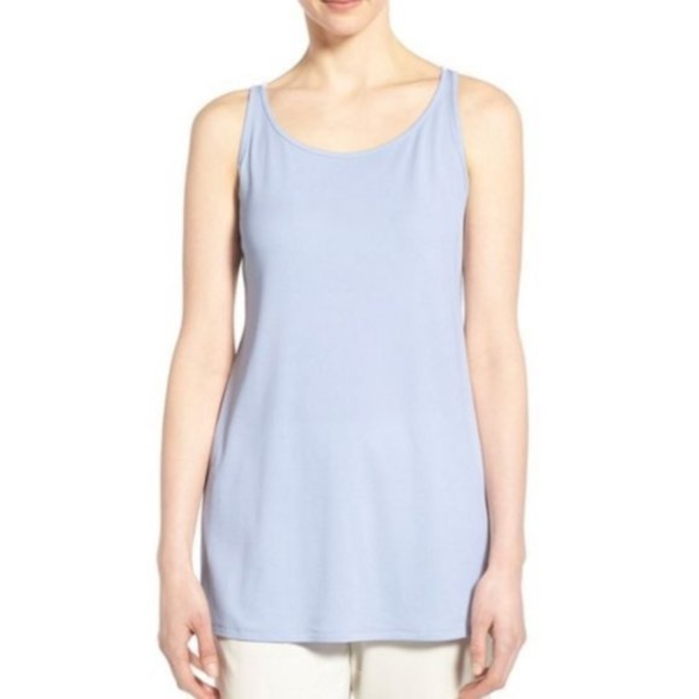 Eileen Fisher Scoop Neck Long Silk‎ Jersey Tank Top Blue Sleeveless Shirt
